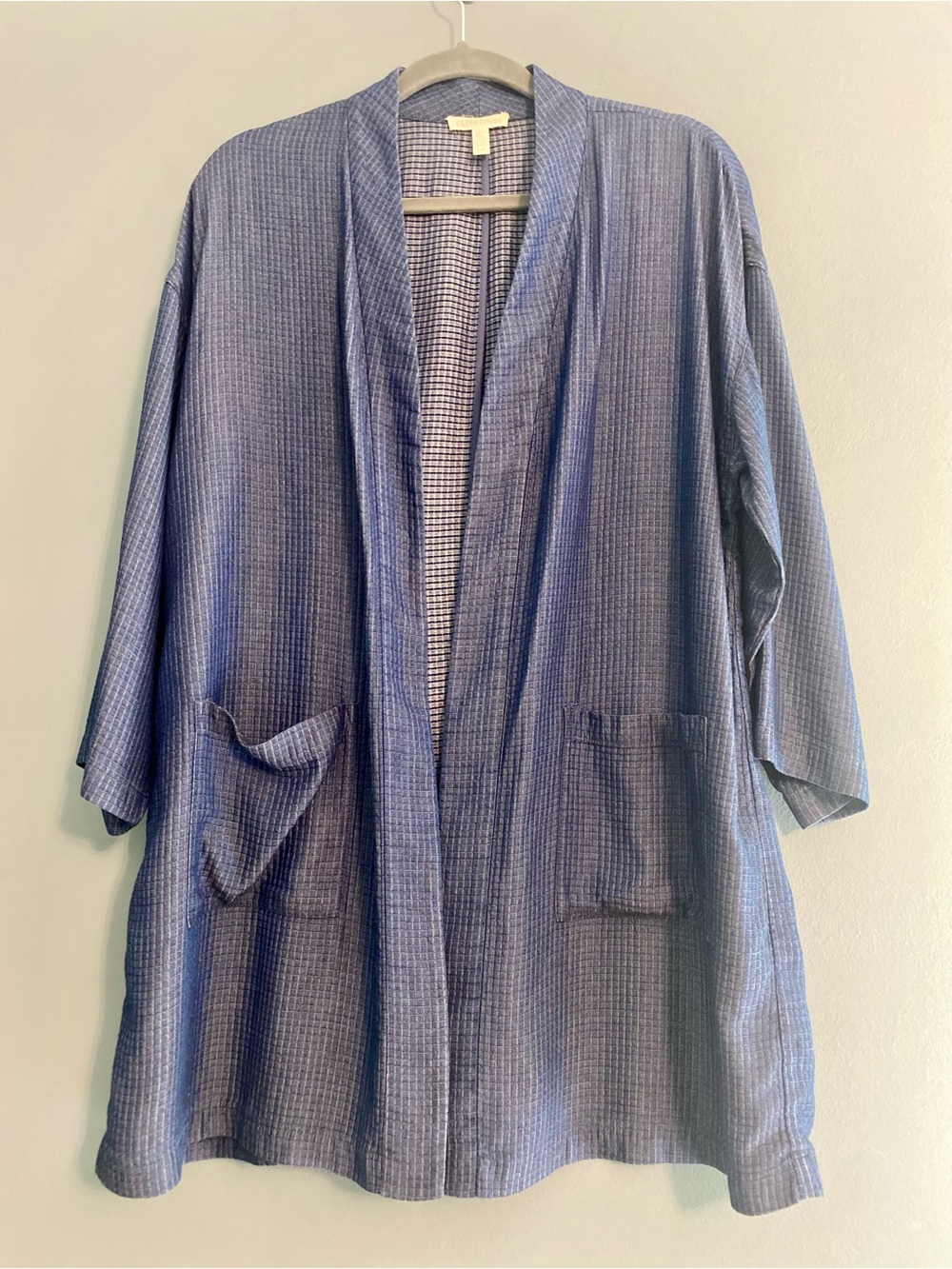 Eileen Fisher Navy Textured Open-Front Tencel Pockets Kimono Jacket L